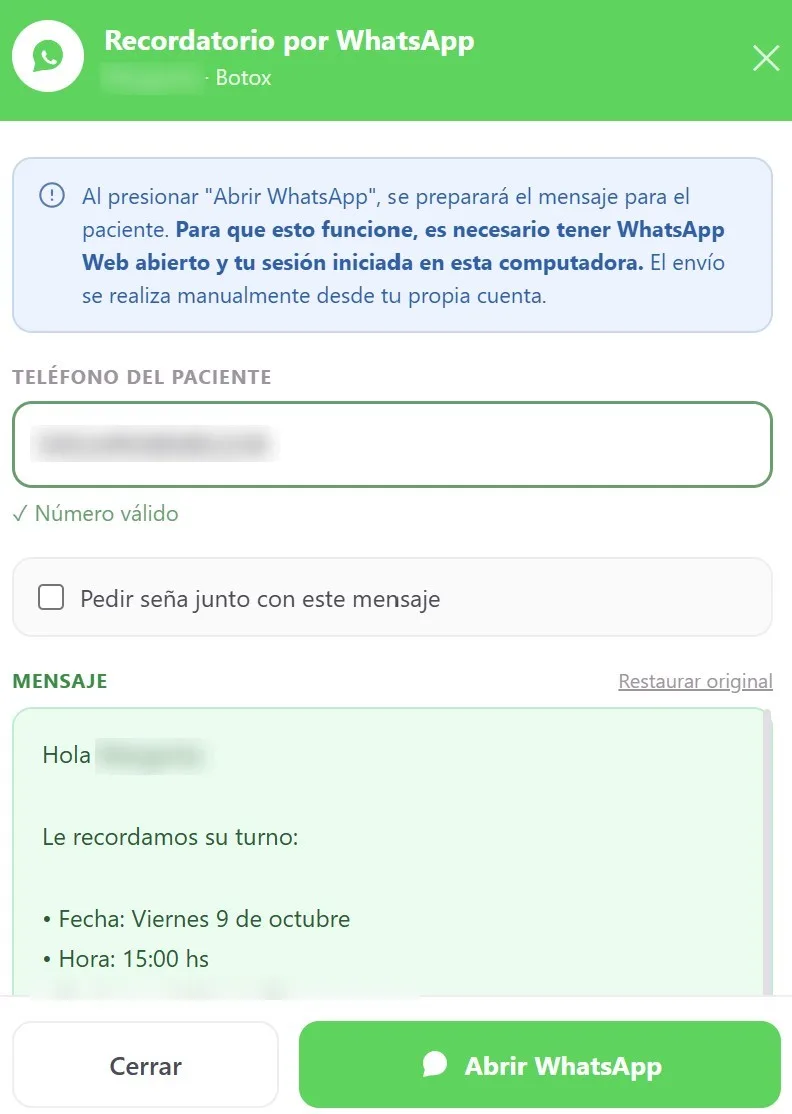 Recordatorio por WhatsApp con mensaje listo y opción de pedir seña